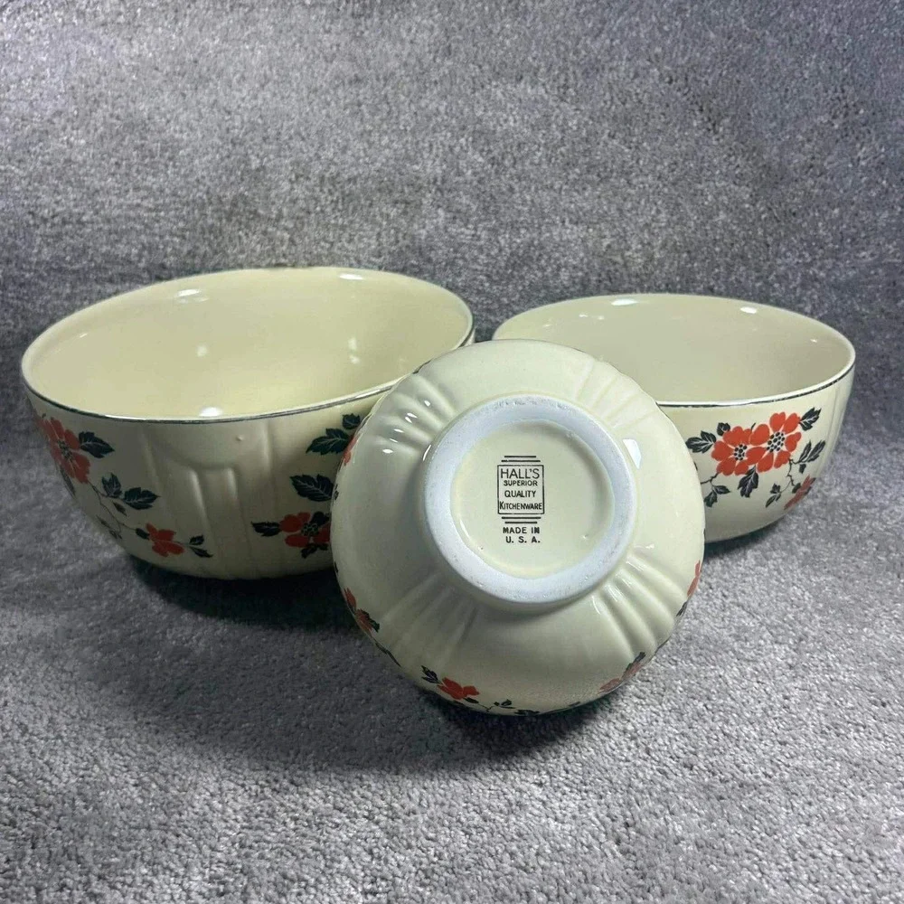 Hall China Mixing Bowls Ivory Red‎ Wild Poppy Floral Nesting Set of 3 Vintage